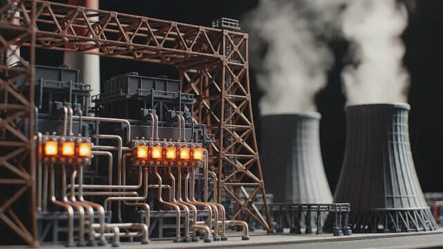 Nuclear power station industrial facility with cooling towers and steam. energy plant miniature model for electricity production and utility infrastructure.