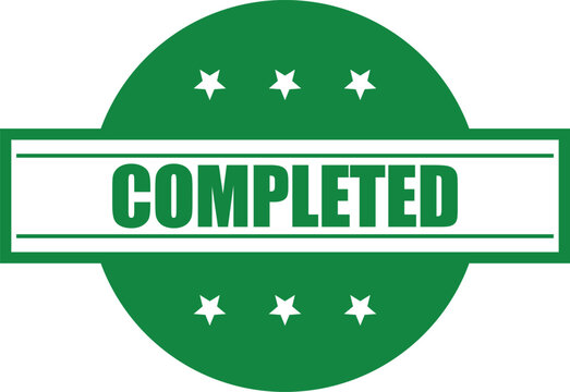 Vibrant green Completed circular stamp with stars signifying the successful conclusion of a project or process