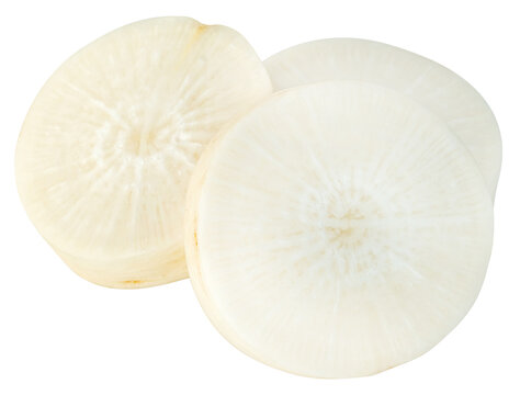 Three fresh slices of raw white daikon radish isolated. Close-up view showing internal texture of the vegetable. Ideal for healthy food, cooking, and nutrition concepts.