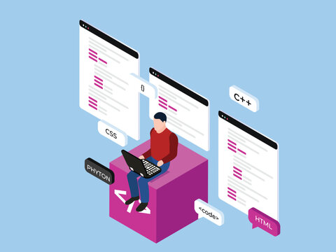 software developer coding with laptop and programming languages 3d isometric vector illustration
