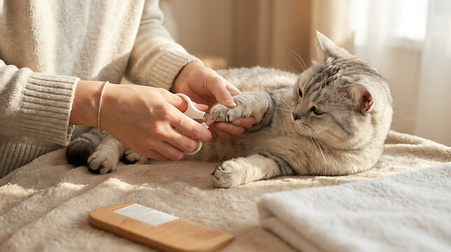 Close up of a woman carefully trimming the claws of a calm grey tabby cat with specialized clippers on a cozy blanket at home during a pet grooming routine
