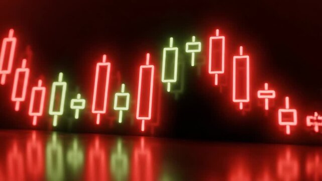 Colorful candlestick chart showing fluctuating market trends with red and green bars reflecting price movements on a dark reflective surface