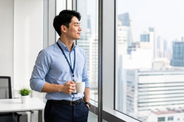Fototapeta premium young asian professional man standing by large office window looking at city skyline during short work break, workplace wellness concept
