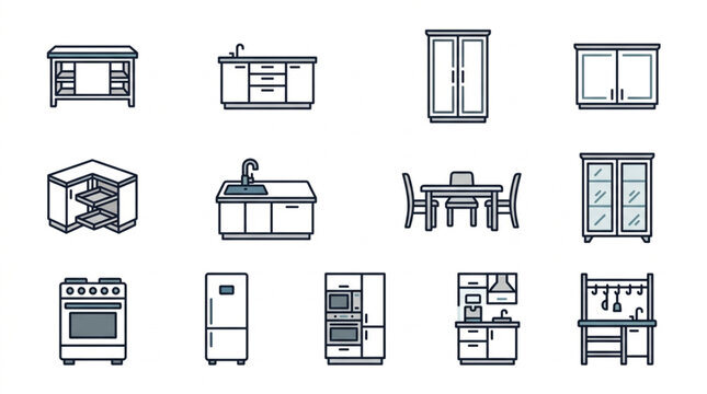 Collection of kitchen furniture and appliances icons.