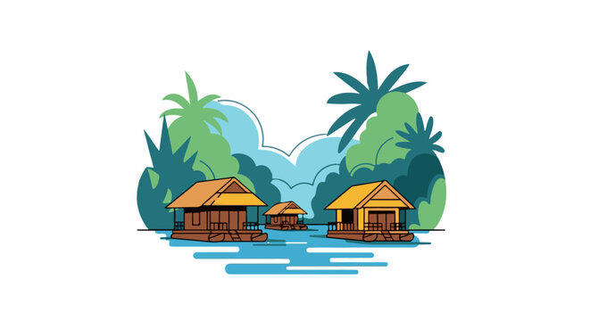 Three tropical bungalows float on calm, blue water amidst lush green foliage