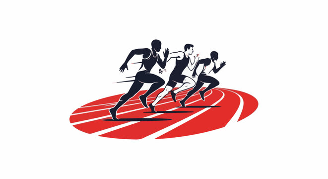 Three stylized runners in dark blue and white compete on a red track