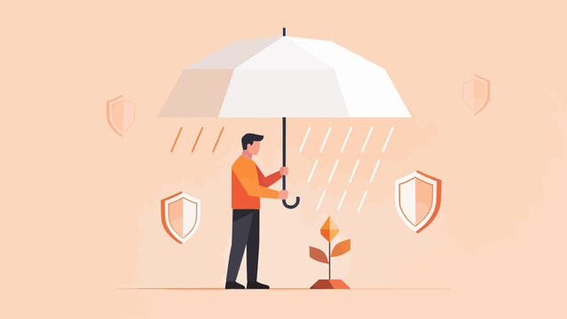 Conceptual illustration of a caring man protecting a small plant with an umbrella, surrounded by shield icons, symbolizing crucial investment security, future growth, and financial stability