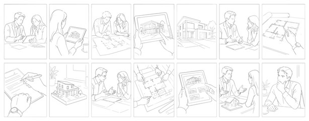 Obraz premium Architects and clients discuss house plans and digital models on tablets