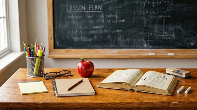 Teacher's desk with books apple lesson plan on chalkboard a chalkboard with "lesson plan" visible