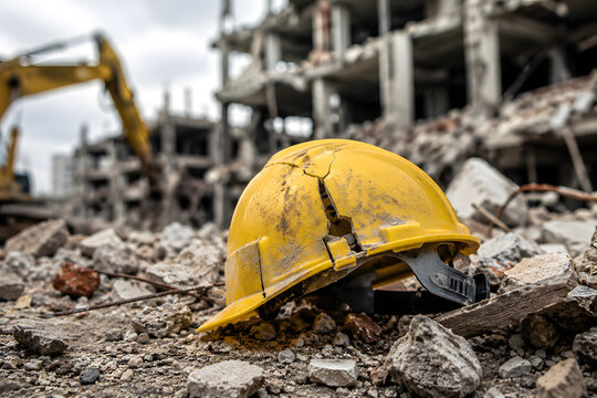 Construction safety helmet on rubble at demolition site, yellow hard hat lying among concrete debris and building ruins, industrial construction accident concept, workplace safety equipment, demolitio