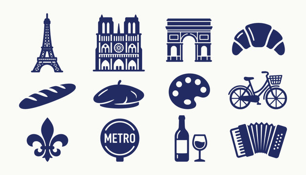 Paris Travel Icon Set featuring French Landmark Silhouettes and Cultural Symbols for Branding