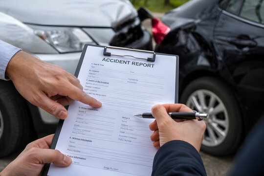 Car accident report, insurance claim document being completed after vehicle collision, damaged cars in background, hands filling out accident report form, automobile insurance assessment, traffic cras
