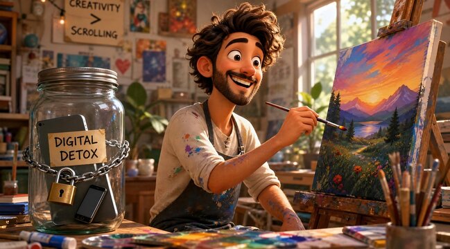 3D Caricature of Man Unplugging from Technology to Paint on Canvas