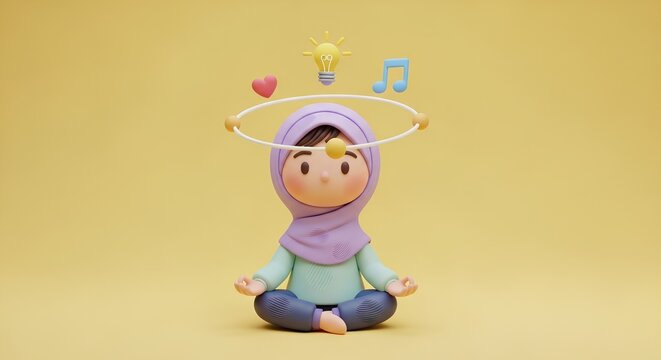 3D Claymation Cute Character Practicing Mindfulness with Floating Elements