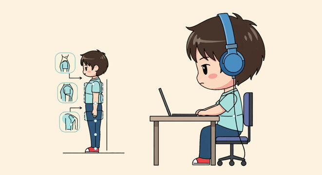 Vector illustration of a cute chibi character sitting at a desk with poor posture while using a laptop and wearing headphones, includes a spinal alignment diagram for correction.