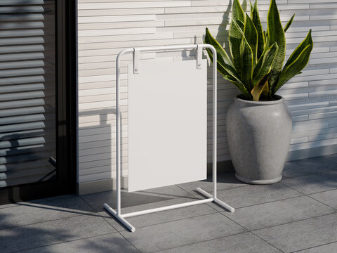 Blank white outdoor store stand sign mockup on sidewalk 3d rendering.