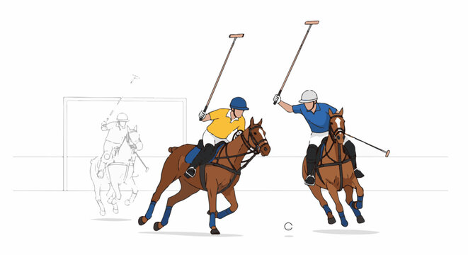 Two riders on horses play polo, one in yellow, the other in blue, with mallets raised