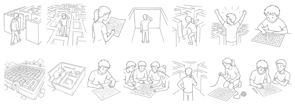 Diverse group of people and a mouse navigating various mazes and puzzles
