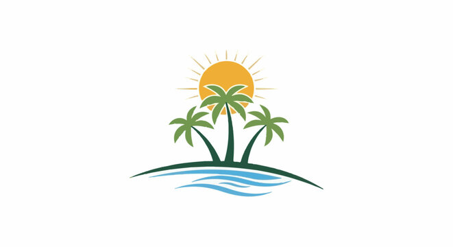 Three palm trees stand on a green island under a bright yellow sun, with blue waves below
