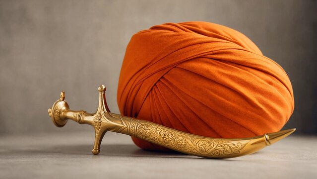 Golden dagger beside an orange turban, symbolic still life.