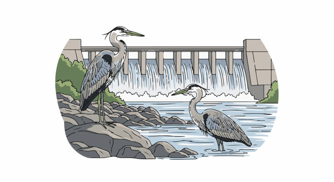 Two herons stand by a rocky shore with a dam and waterfalls in the background