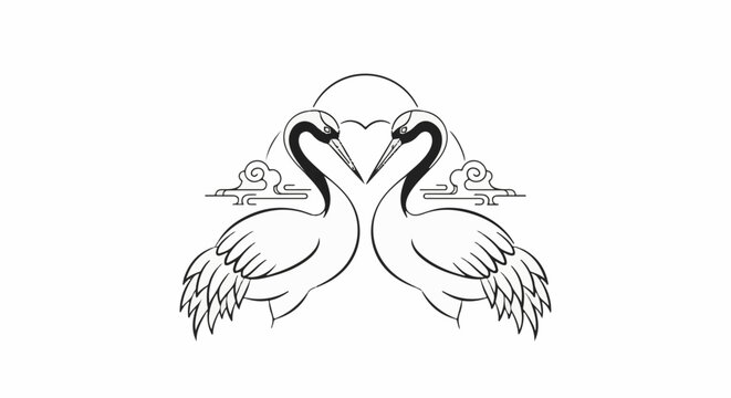 Two graceful cranes form a heart shape against a background of clouds and a sun