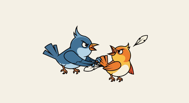 Two cartoon birds, one blue and one orange, appear to be fighting over a feather, with angry expressions