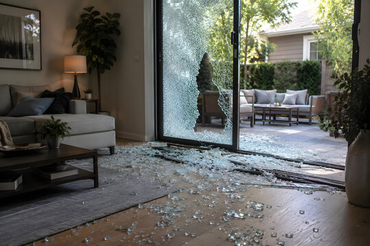 Broken glass window in modern living room interior, shattered sliding door with scattered glass fragments on floor, damaged home entrance opening to outdoor patio garden, property damage, security, bu