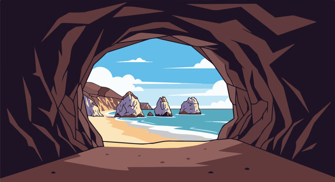 View from a dark cave entrance to a sunny beach with rock formations in the ocean