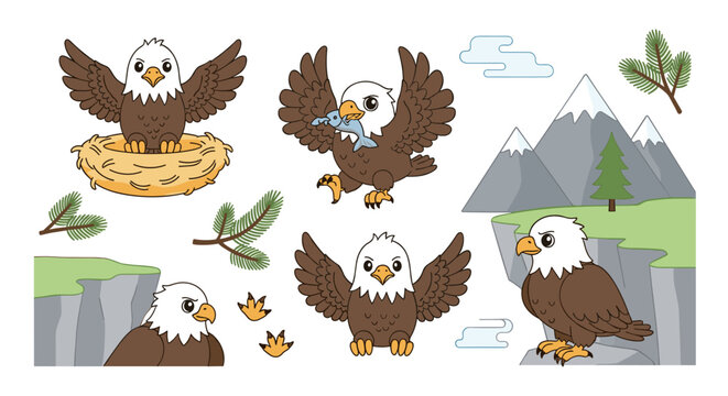 set of bald eagle characters in natural environment with nest, fish and mountain landscape, wildlife illustration for educational games