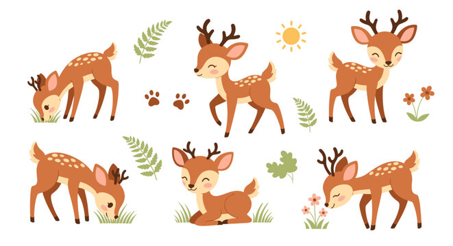 Collection of cute deer illustrations, each in a different pose like grazing, standing, and smelling flowers, surrounded by leaves and a sun icon