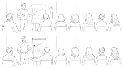 Fototapeta premium Business presentation with audience participation and data charts on flip chart
