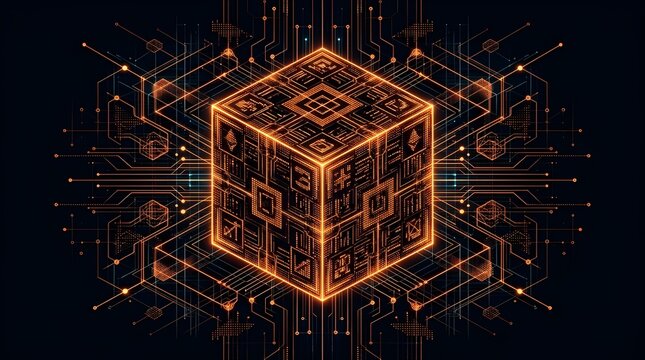 Corporate Digital Data Cube with Glowing Circuitry Lines for Blockchain and Secure Asset Management