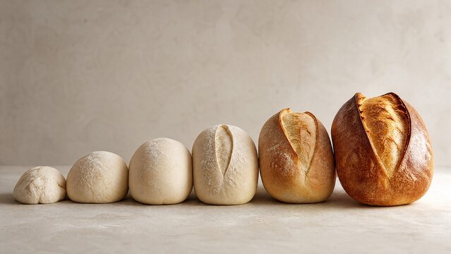 A perfect golden loaf of bread among others in various stages of baking.
