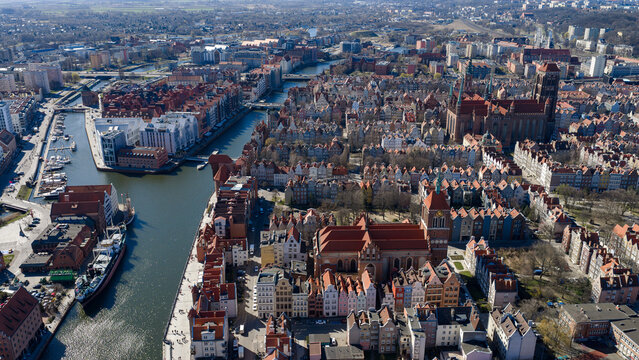 Aerial View of Historic Gdansk Old Town with Rivers and Medieval Architecture Poland