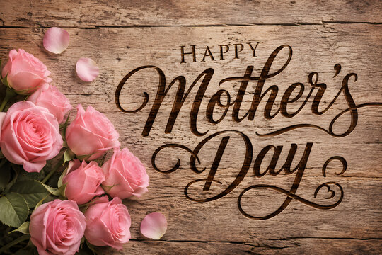 Happy Mothers Day greeting card, pink roses rustic wood background, elegant calligraphy holiday message, floral celebration design for love appreciation, family motherhood poster, feminine spring bann