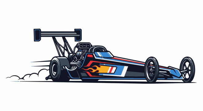 Vintage dragster with exposed engine, flames, and rear wing on white background