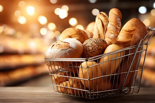 A shopping cart overflowing with golden brown freshly baked loaves of artisan bread in a warm bakery setting