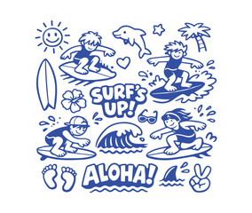 Hand drawn surfing doodle set with cartoon surfers and waves, blue line art summer beach icons, tropical aloha and surf's up vector illustrations © Apna Jalwa