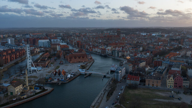 Aerial View of Gdansk Old Town at Dusk with Rivers and Historic Architecture