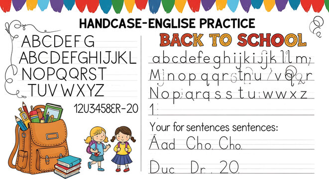 Handcase english practice sheet with alphabet, backpack, and back to school message for children ai generated