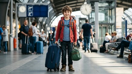 Obraz premium Young Boy with Luggage at Busy Train Station Waiting to Travel