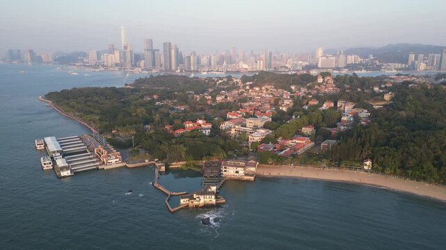 Xiamen, China: Aerial orbit drone footage of the Neicuo'ao Wharf in the former colonial Gulangyu island in Xiamen in Fujian province in southern China.