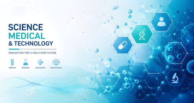 Science medical technology background, healthcare innovation digital hexagon molecular network with blue laboratory interface, DNA structure, clinical research icons, futuristic biotech template for h