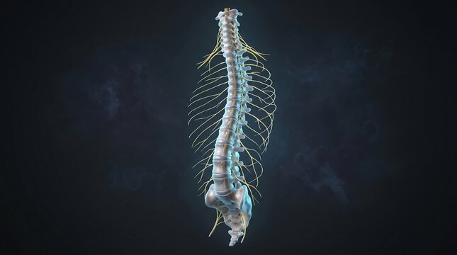 Floating human spine anatomy with interconnected nerves and translucent vertebrae, realistic bone textures, dramatic cinematic lighting, futuristic medical realism, ultra detailed spinal cord visualiz