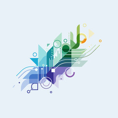Obraz premium Abstract geometric design with colorful shapes, lines, and digital elements on a light background.