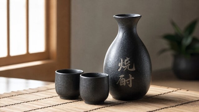 Traditional black ceramic jug and cups on a bamboo mat, minimalist style.