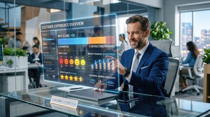 Fototapeta premium Futuristic customer experience overview dashboard, businessman interacting with holographic data interface, corporate digital transformation and analytics