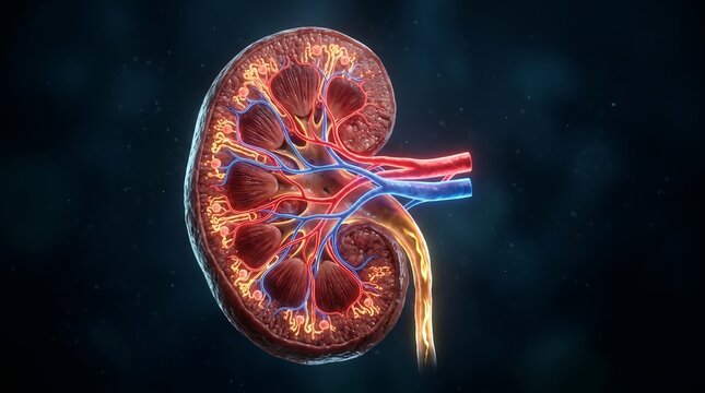 Highly realistic human kidney anatomy with visible filtration structures and glowing vascular details, cinematic scientific rendering, realistic biological surfaces