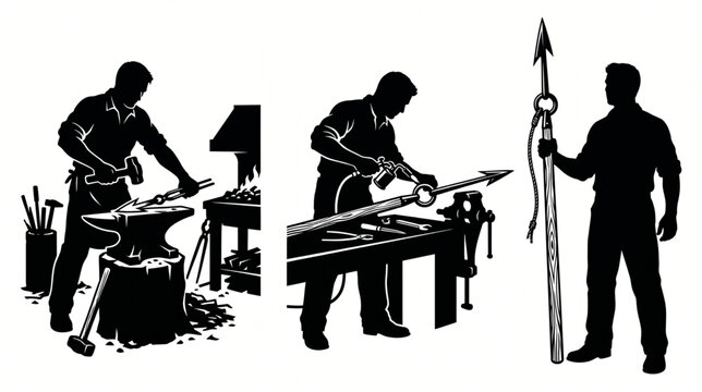 Blacksmith forging iron harpoon spear on anvil near forge with craftsman welding steel tip and fisherman holding completed hunting spear silhouette vector set